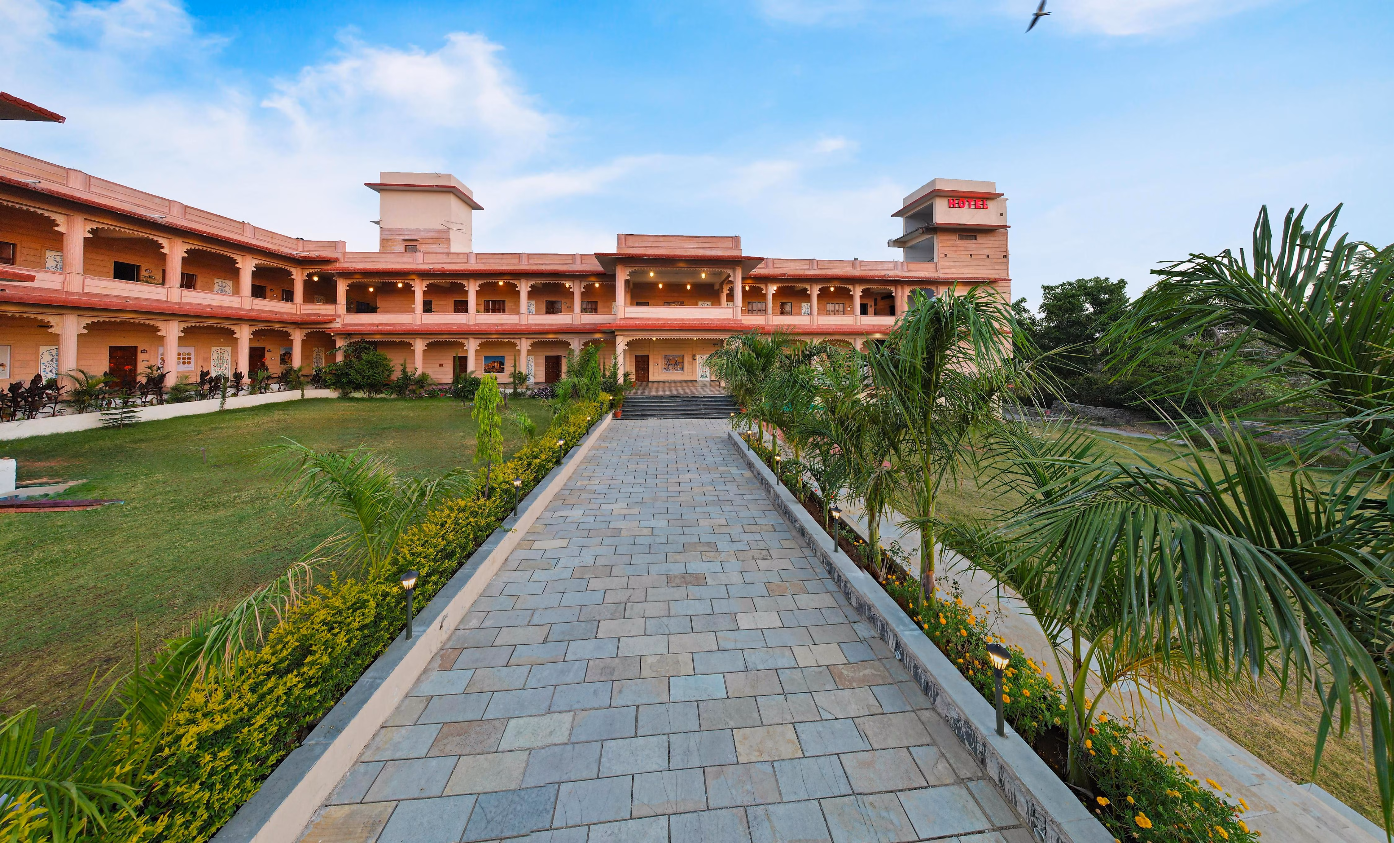 An aerial view of the tropical resort and ocean